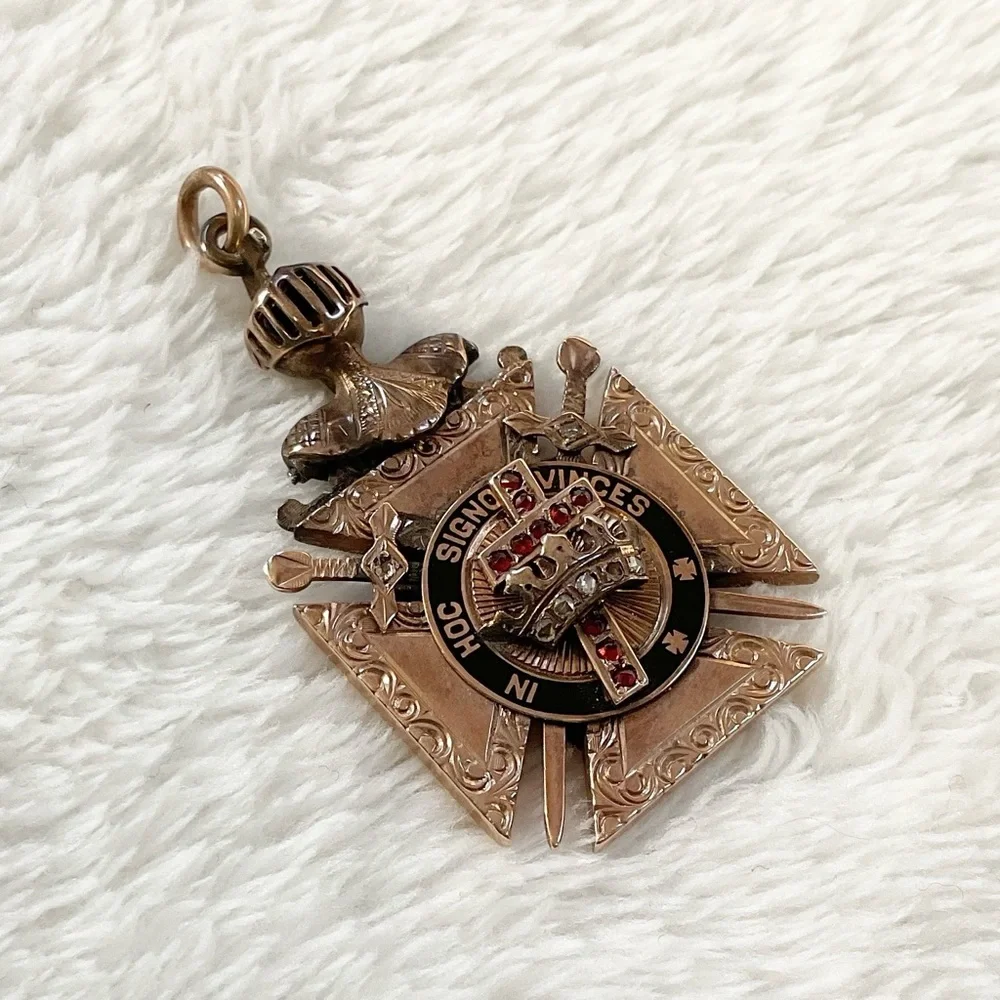 Antique 10K Gold Knights Templar Jeweled Pendant – Garnet Diamond Cross Masonic